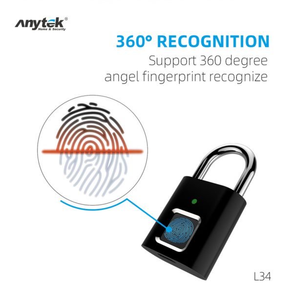 Anytek L34 Smart Fingerprint Padlock USB Rechargeable Door Suitcase Lock