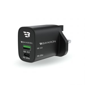 Baykron 36W Fast Charging Dual Port Wall Charger with Type-C Power Delivery 20W+Qualcomm QC3.0 for UK Standard Outlets.