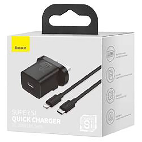 Baseus Super Si 1C fast wall charger USB Type C 20W UK + USB Type C - Lightning cable 1m black