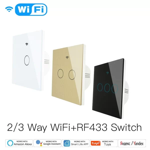 WiFi RF433 Smart 1 Gang Light Touch Switch 2 Way Multi-Control Neutral Wire Required WRS-EU1-WH-MS