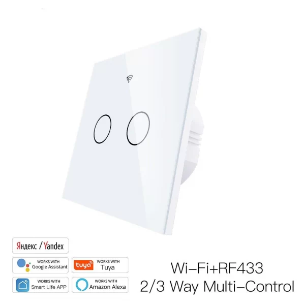 WiFi RF433 Smart 2 Gang Light Touch Switch 2 Way Multi-Control Neutral Wire Required WRS-UK2-WH-MS