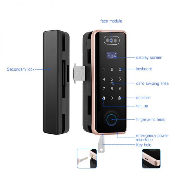 CP90 TUYA Wi-Fi Tuya+ Face + Fingerprint Biometric Glass/Sliding door Lock with Hook + Mechanical Key
