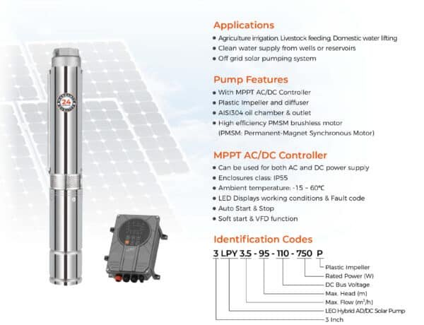 Leo LPY-P 3'' 4'' Solar Borehole Pump Hybrid AC/DC