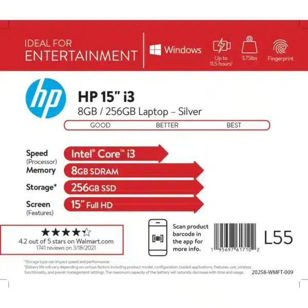 HP 15-DY2132 Touch Screen 15.6" Laptop - Intel Core i3-1135G4 - RAM 8GB - SSD 256B - Intel UHD Graphics - Win 10 Silver | 33K47UA#ABA