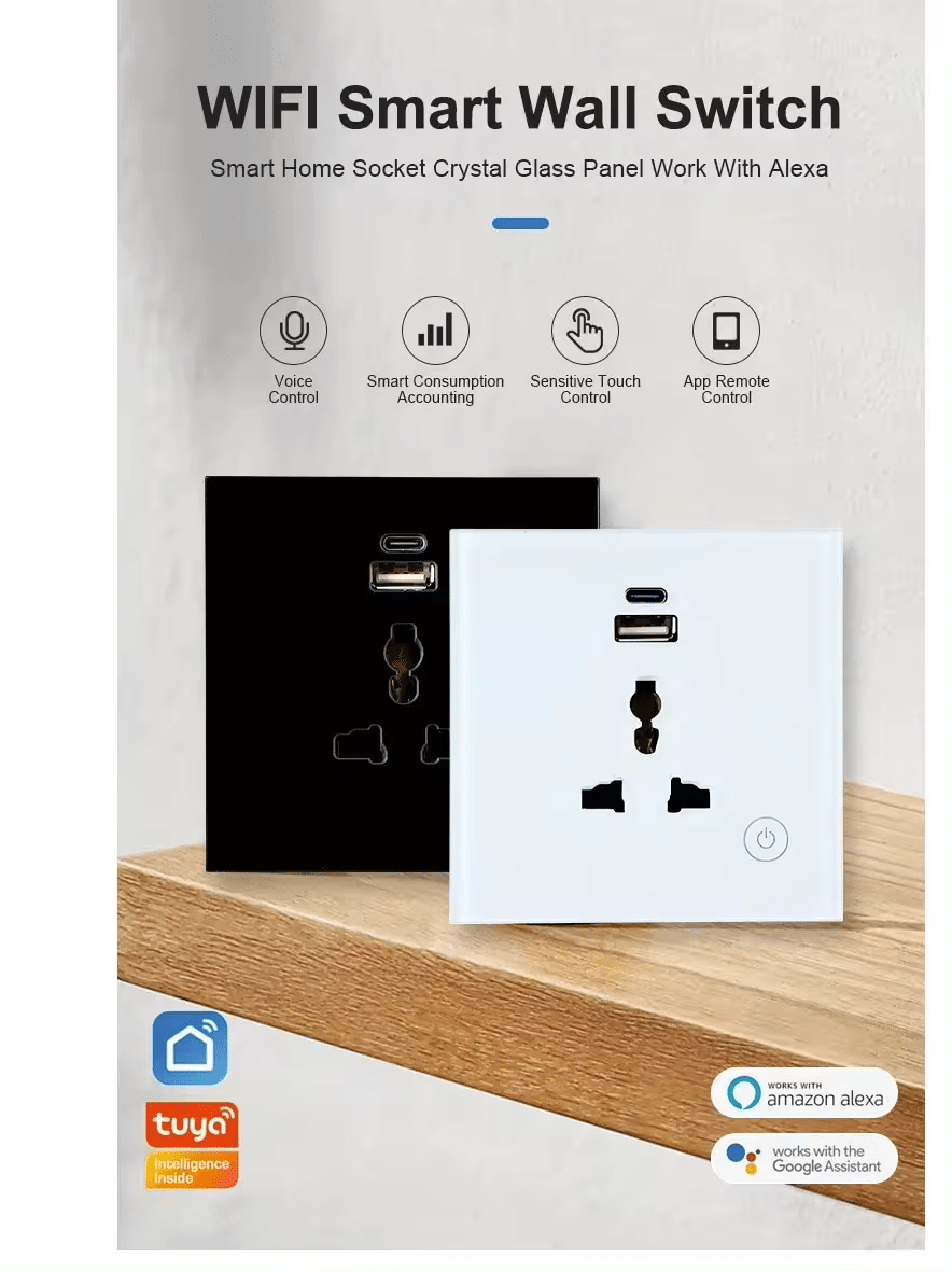 MYQ Smart Socket Plug Wall Switch Socket Wifi Outlet Tuya Alexa Google Home Universal Wifi Socket Wall Smart Plug with 13A Type C & USB