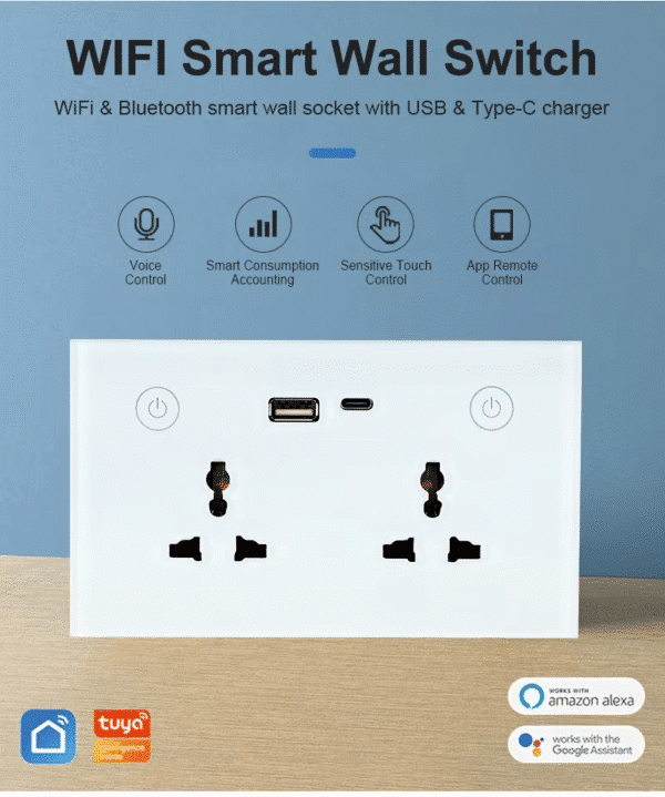 MYQ Glass Pane Tuya Wifi Alexa Google Home Voice Type C with USB Wall Double Universal Smart Socket