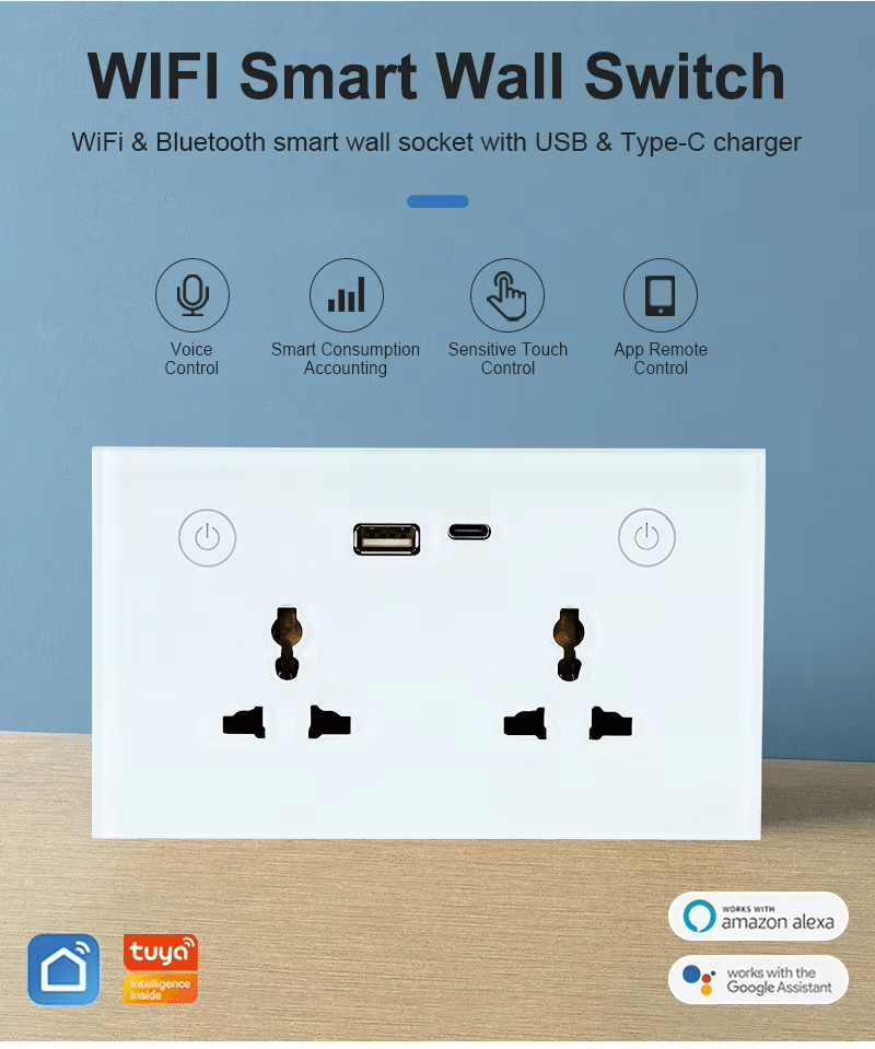 MYQ Glass Pane Tuya Wifi Alexa Google Home Voice Type C with USB Wall Double Universal Smart Socket