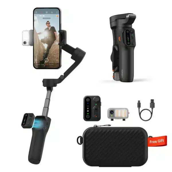 Specs Weight 420g (±5g) Size Unfolded: 127*65*312mm Folded: 98*44*160.5mm Smartphone Width ≤ 7 inch (Mobile width: 58mm-98mm) *For more information please contact us or refer to the Smartphone Compatibility List at https://www.hohem.com/download Smartphone Thickness ≤12.5mm Payload 300g Controllable Range Pan: -120° to 210° Roll: -195° to 135° Tilt: -35° to 45° Working Temperature -10°C to 45°C (14℉ to 113℉) Motor Protection The gimbal will automatically shut down in case of improper operation to protect the motor. AI Tracker Weight 13.6g Size 42*16.5*25mm Pixel 1 mp Illuminance 110Lux@0.5M Max Power 2W CCT 6500K (Cool light) 5000K (Neutral light) 2700K (Warm light) Max Working Current 0.34A Working Voltage 7.4V Remote Control Data Transmission Bluetooth Control Distance 10m (32.8ft) Battery Capacity 7.4V/1400mAh Runtime Approx. 13 hours (Balanced and stationary) Approx. 4 hours (AI tracking + fill light used simultaneously) *Data sourced from Hohem Laboratory Charging Time 2.5 hours (5V-2A) Bluetooth Type Bluetooth 5.1 Software App Hohem Joy