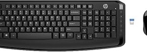 HP 300 Wireless Mouse & Keyboard Combo (Everyday office combo · SME / admin productivity) –2.4GHz WIRELESS SINGLE USB RECEIVER FOR BOTH DEVICES FULL-SIZE KEYBOARD OPTICAL MOUSE PLUG & PLAY Compatible with Windows / macOS BLACK PN: 2V9E6AA