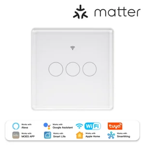 Moes Tuya Matter Wifi Smart light Switch 2.5D Glass panel Neutral Wire Required UK Version MWS-UK3-3D-WH-MS