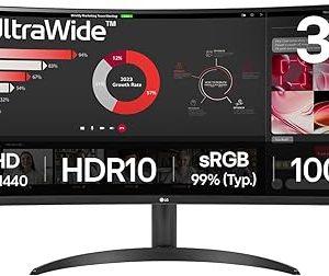 LG 34" 34WR50QK UltraWide QHD 100Hz 34 Inch Screen size 5MS Response Time 100Hz Refresh Rate 3440 x 1440 Resolution VA Panel HDMI DisplayPort One Click Stand Tilt Adjustable Stand Picture-By-Picture Curved Monitor - Black