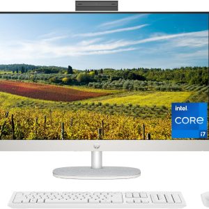HP ALL IN ONE 27-cr0162nh PC (B42CLEA) INTEL Ci7-1335u UPTO 5.0 GHz INTEL IRIS XE GRAPHICS 16GB DDR4 3200 RPM 512GB NVME SSD 27’’ DIAGONAL FHD (1920 X 1080) IPS TOUCH SCREEN ANTI GLARE THREE-SIDED MICRRO EDGE 300 NITS 99% RGB 5MP SWIVEL IR CAMERA WI-FI BLUETOOTH HP 125 WIRED KEYBOARD & MOUSE FREEDOS SHELL WHITE