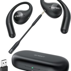 EMEET AirFlow E2053 Open-Ear Wireless Headset Bluetooth 5.3 + USB Dongle Dual Noise-Cancelling Mics with Detachable Boom 16.2 mm Dynamic Driver Up to 8 hrs (40 hrs with Case) IPX5 Water-Resistant UV-Sterilizing Charging Case Multipoint Connection Black E2053112