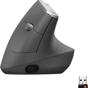 Logitech MX Vertical Advanced Ergonomic Mouse – Graphite (910-005448) Advanced Ergonomic Wireless Mouse 57° Vertical Design Bluetooth Low Energy + 2.4GHz Wireless 400–4000 DPI Adjustable Optical Sensor 4 Customizable Buttons Precision Scroll Wheel Rechargeable 240mAh Battery Up to 4 Months Battery Life 10m Wireless Range USB Receiver + USB-C Charging Cable Windows macOS Linux and ChromeOS Compatible Graphite