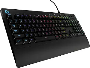 Logitech G213 Prodigy RGB Gaming Keyboard – Black (920-008093) Full-Size Gaming Keyboard US International Layout USB 2.0 Wired Connectivity Customizable 5-Zone LIGHTSYNC RGB Backlighting Tactile Mech-Dome Keys Anti-Ghosting Gaming Matrix Dedicated Media Controls Integrated Palm Rest Adjustable Keyboard Feet Spill-Resistant (Tested with 60ml) 1.8m Cable Windows 7 or Later Compatible Black